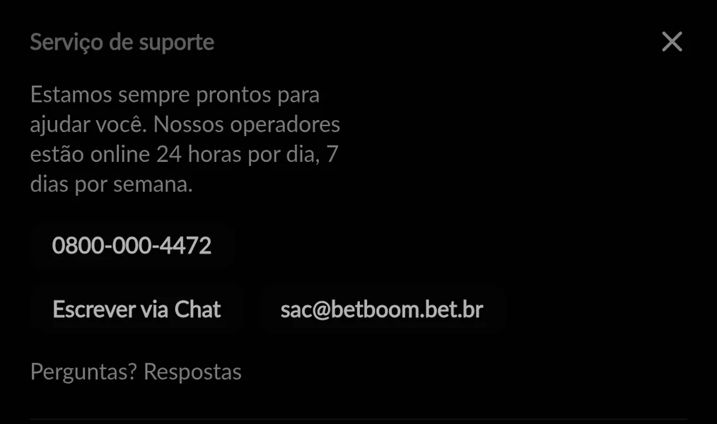 Captura de tela com as informa&ccedil;&otilde;es sobre os canais de suporte da Betboom no Brasil