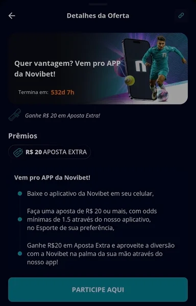 Captura de tela da promo&ccedil;&atilde;o de free bet exclusiva no app da Novibet
