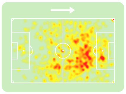 Mapa de calor de Dani Olmo na &uacute;ltima LaLiga, quando atuou quase sempre de camisa 10