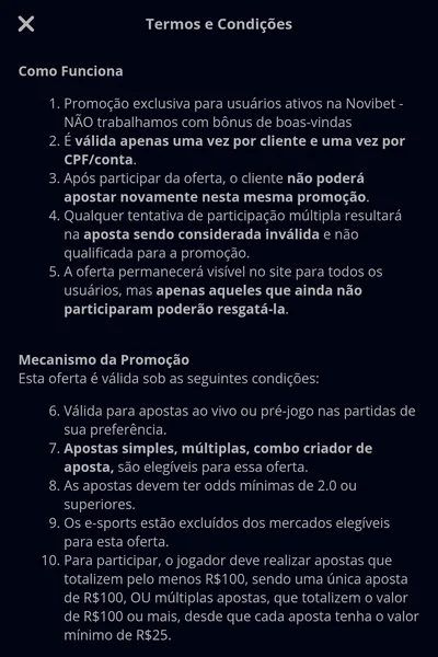 Captura de tela das regras da promo&ccedil;&atilde;o &ldquo;Aposte & Ganhe&rdquo; da Novibet