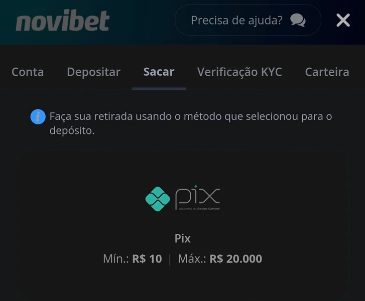 Captura de tela da p&aacute;gina de saques da Novibet