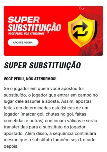 Captura de tela do recurso &ldquo;Super Substitui&ccedil;&atilde;o&rdquo;, da Superbet
