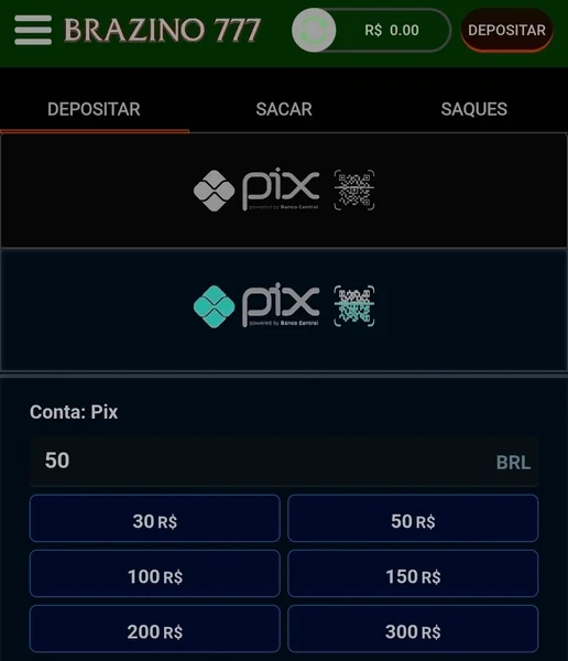 Captura de tela da p&aacute;gina de pagamentos do site da Brazino777
