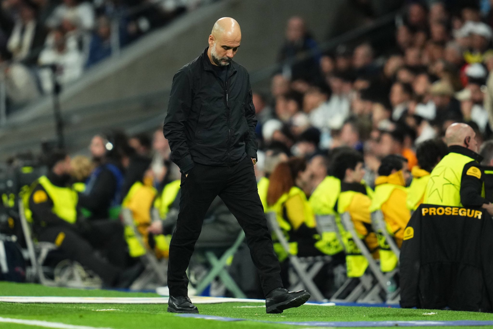 O t&eacute;cnico Pep Guardiola em Real Madrid x Manchester City