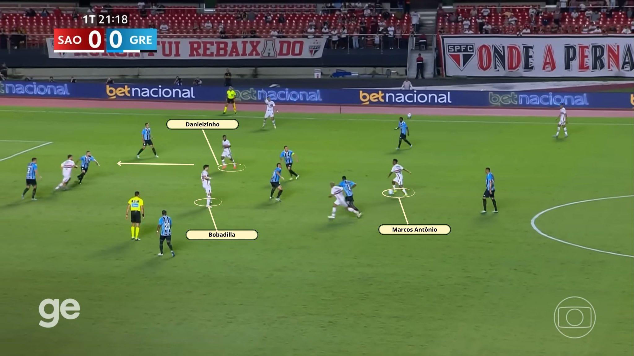 Momento antes do p&ecirc;nalti sofrido por Danielzinho na vit&oacute;ria do S&atilde;o Paulo sobre o Gr&ecirc;mio